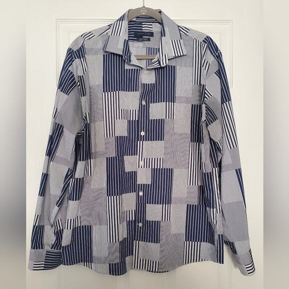 Tommy Hilfiger‎ blue and white color block geometric button down XL - Picture 1 of 5